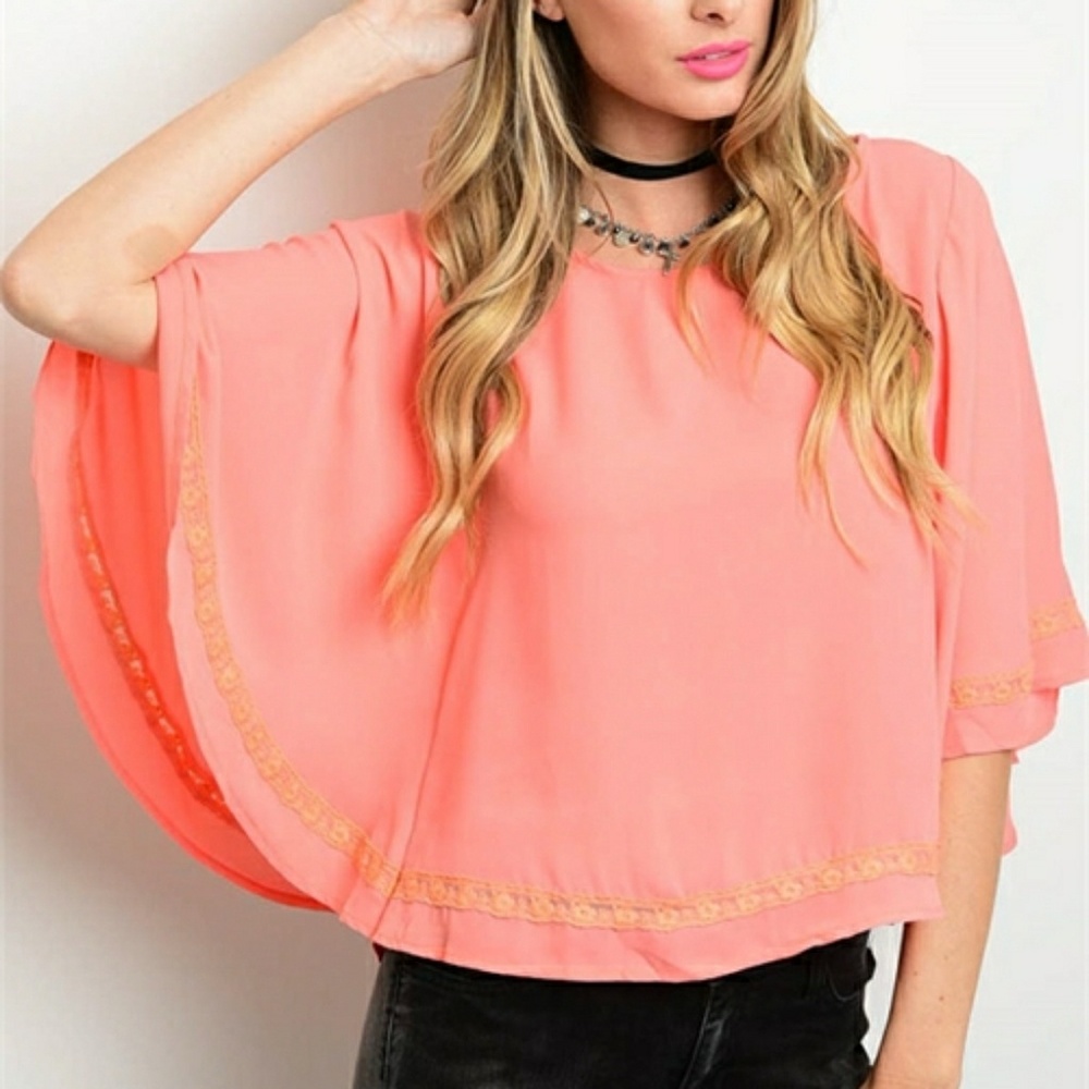 Coral Batwing Sleeve Lace Detail Swing Top
